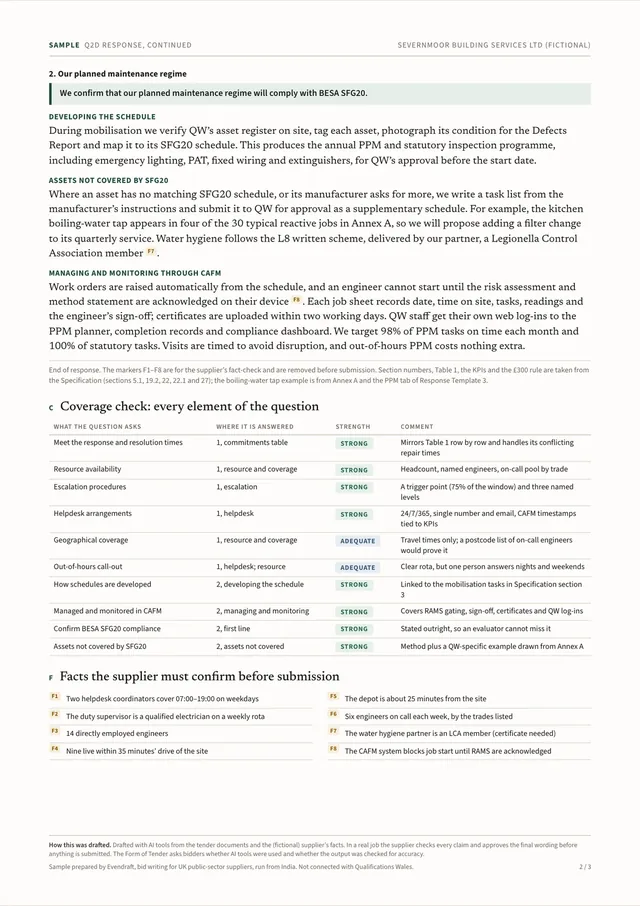 Sample scored answer, page 2: the planned maintenance part of the response, the coverage check and the facts to confirm.
