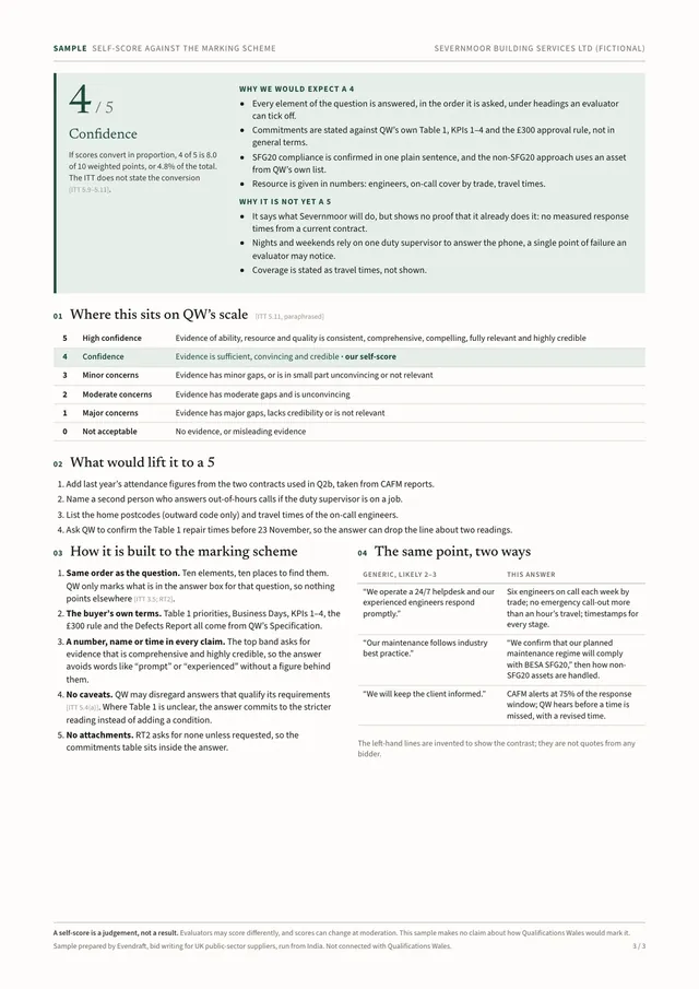 Sample scored answer, page 3: the self-score of 4 out of 5 and what would lift it to 5.