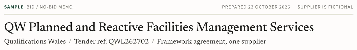 The heading of our sample memo: QW Planned and Reactive Facilities Management Services, Qualifications Wales, tender reference QWL262702, prepared 23 October 2026, supplier fictional.