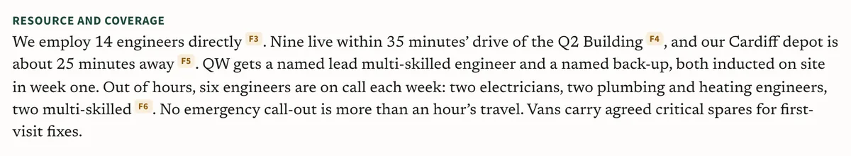 A paragraph from the sample answer, headed Resource and coverage, with markers F3 to F6 beside each fact the fictional supplier must confirm.